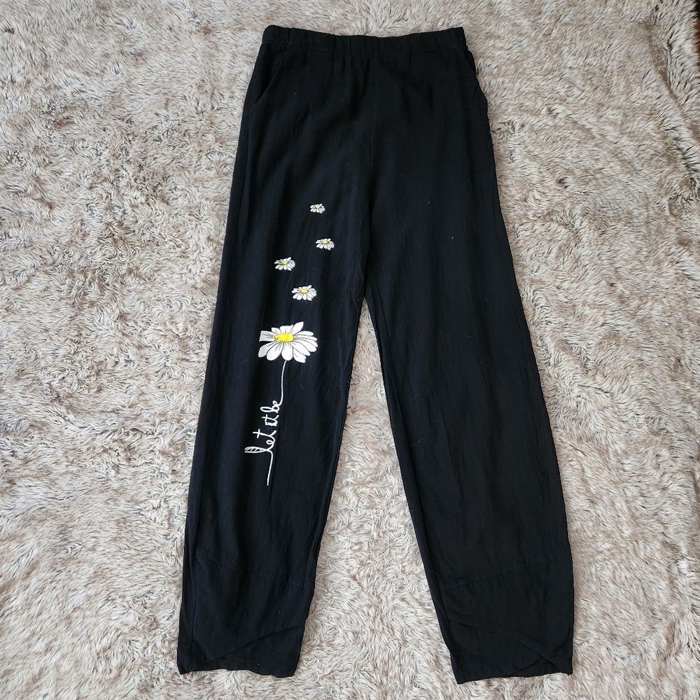 MISSLOOK Black Straight‎ Leg Cotton Blend Linen Pants Women's Size Small